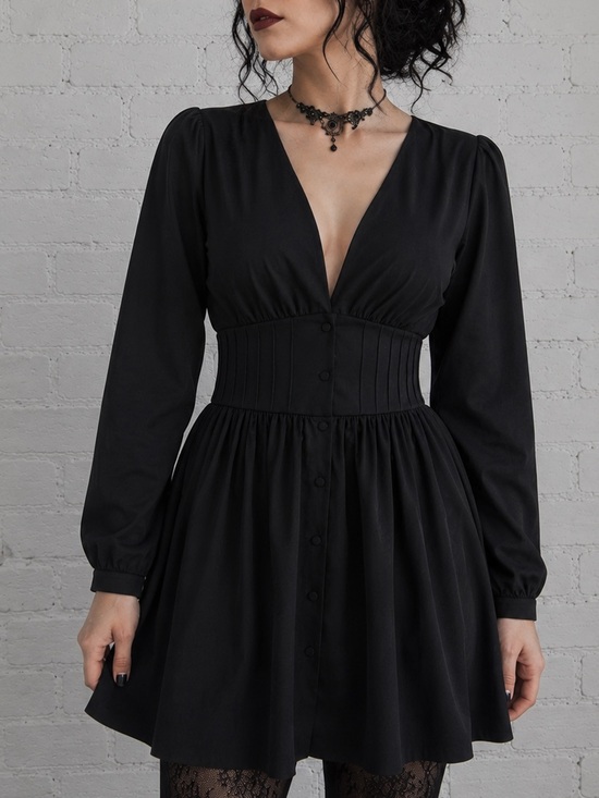PrettyLittleThing Dresses & Skirts - Victorian Goth Dress Empire Waist Button Front Puff Sleeve Witchy Dark Mori L